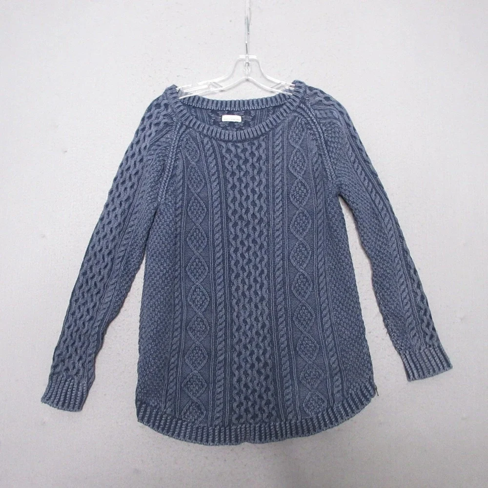 LL Bean Signature Sweater Tunic Women Medium Blue Cable‎ Knit Cotton Fisherman